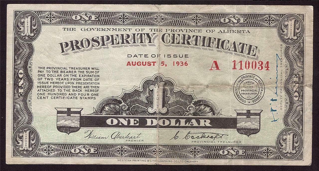1936 Alberta Prosperity Certificate A110034 F/VF one stamp