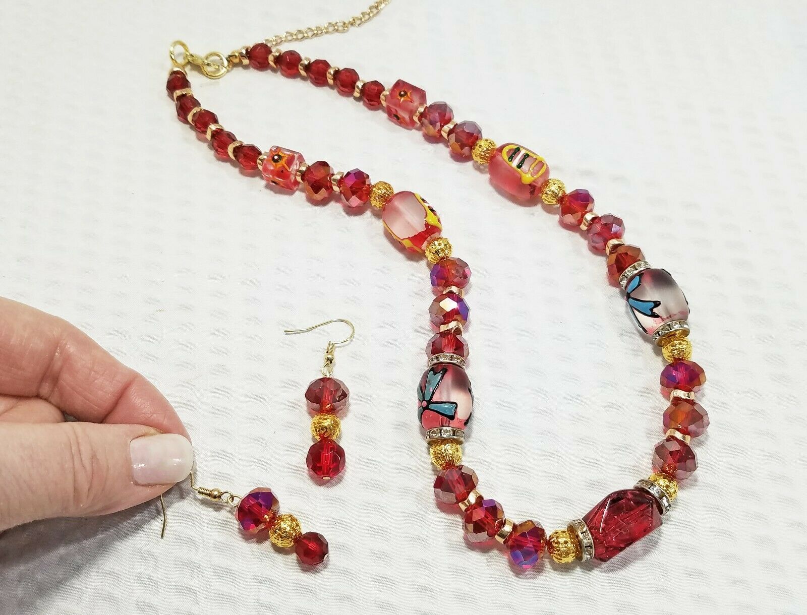 Red AB-Coated Glass Crystal and Gold Tone Beaded Necklace and Earring Set