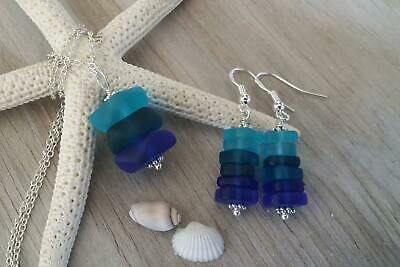 Handmade in Hawaii, triple blue sea glass necklace + earrings jewelry set,   gif