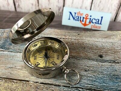 Chrome / Silver Finish Brass Compass With Lid -Old Vintage Nautical Pocket Style