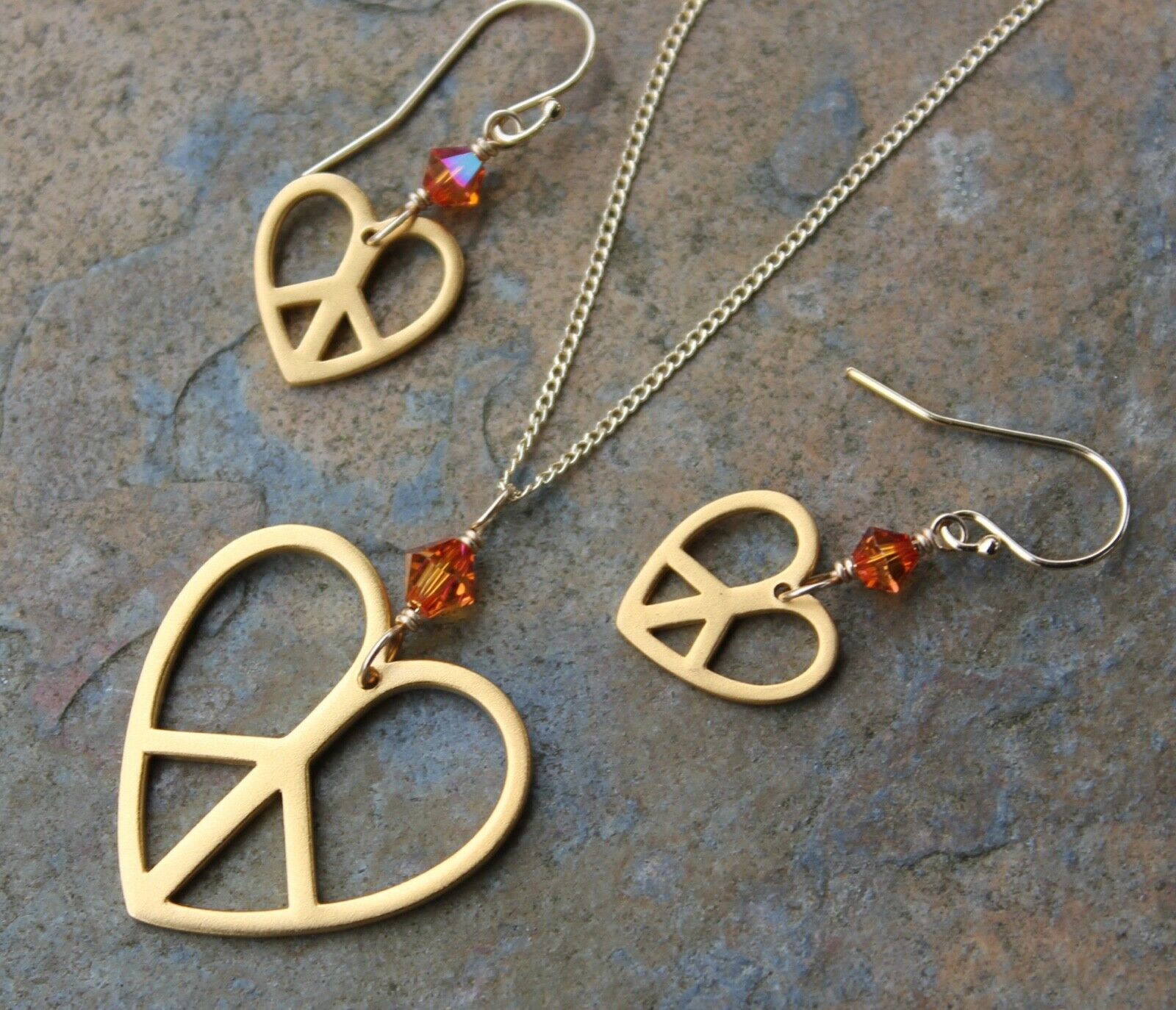 Gold Peace Heart Necklace + Earring Set w/ Astral Pink or Birthstone Crystals