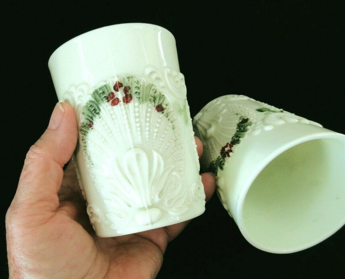 TWO Antique Northwood Geneva Custard Glass Tumblers - Hand Painted RED GREEN