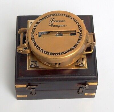 Brass lensatic compass 3 vintage antique nautical military camping w/ wooden box