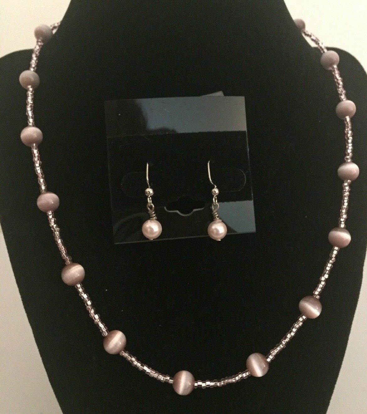 Handcrafted Necklace & Earrings~lt Mauve~beading & Faux Pearl Earrings