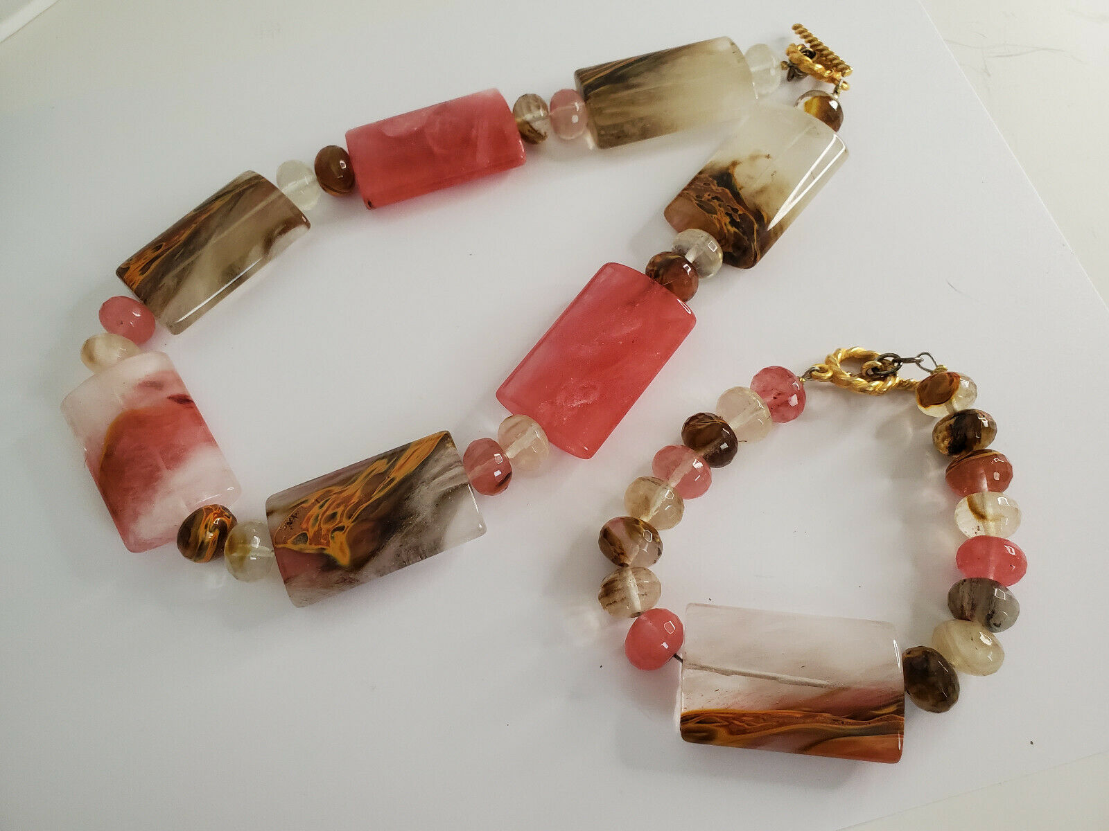 Artisan Pink & Brown Swirl Glass Chunky Bead Statement Necklace & Bracelet Set