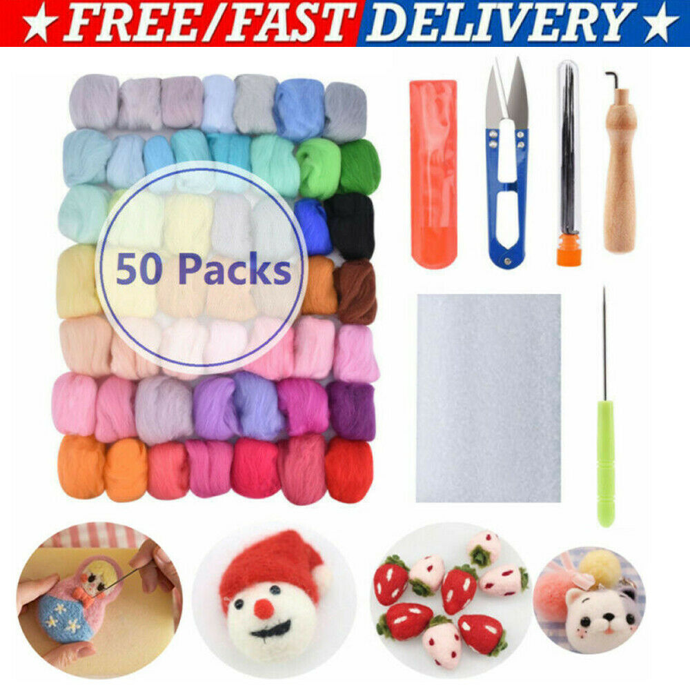 Full Set Fiber Felting starting Needles Kit +50 Colors Wool Gift For Girl US