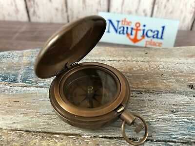 Antique Finish Brass Push Button Compass - Old Vintage Nautical Pocket Necklace