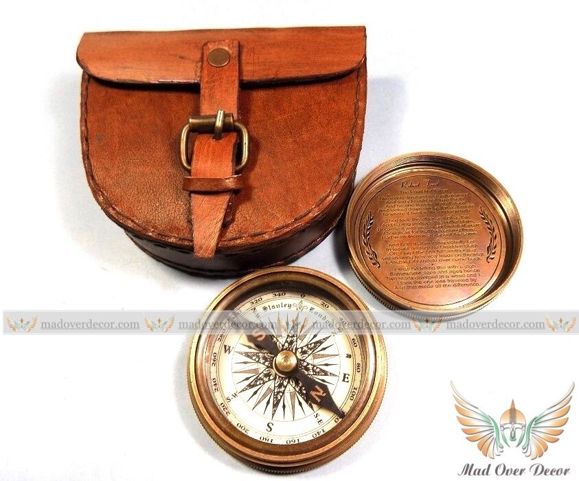 2.3" Antique Vintage Style Brass Pocket Compass With Leather Case Camping Hiking