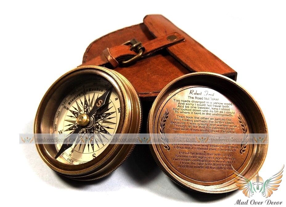 Vintage Robert Frost Brass ~ Copper Poem Compass With Leather Case Madoverdecor