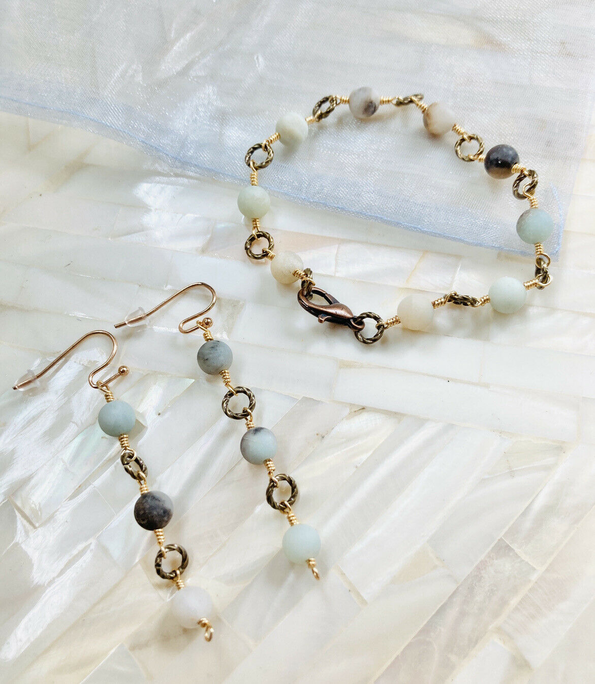 Amazonite Stone Bracelet Dangle Earrings Set Antique Brass Handmade In Usa