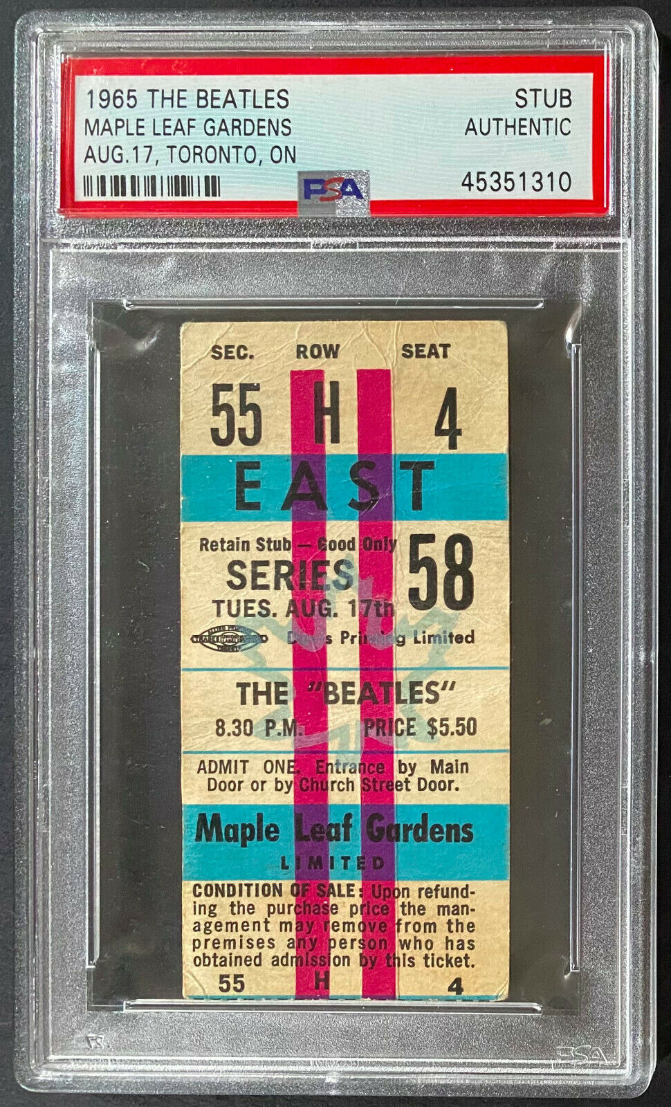August 17th 1965 Maple Leaf Gardens The Beatles Full Unused Concert Ticket PSA