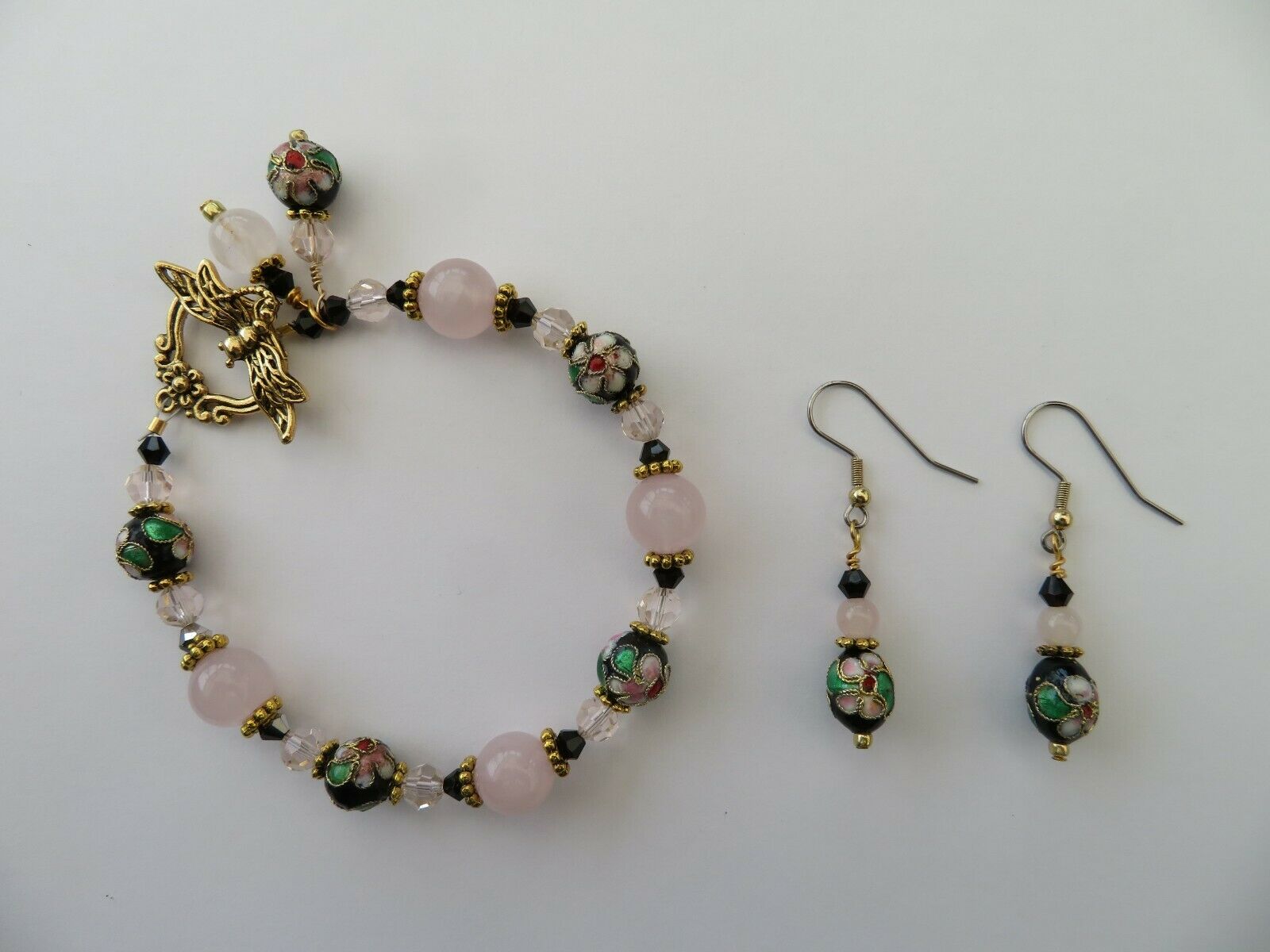 Handcrafted Rose Quartz & Cloisonne Beaded Bracelet With Earrings/new