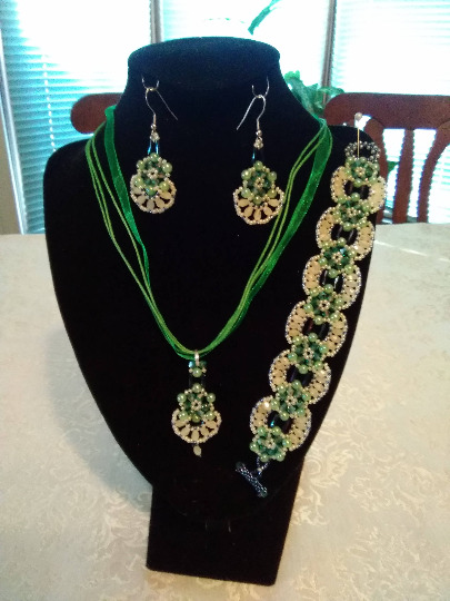 Ooak Handmade Beadwoven Green, Blue & Yellow Necklace, Bracelet And Earrings Set
