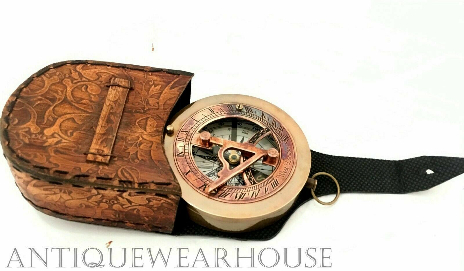 Handmade Antique Copper Brass Style Sundial Working Compass With Leather Case
