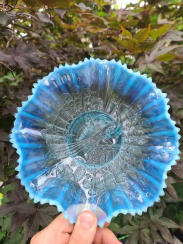 Northwood Carnival Glass Ice Aqua Blue Opal Peacocks Bowl With Rayed Back