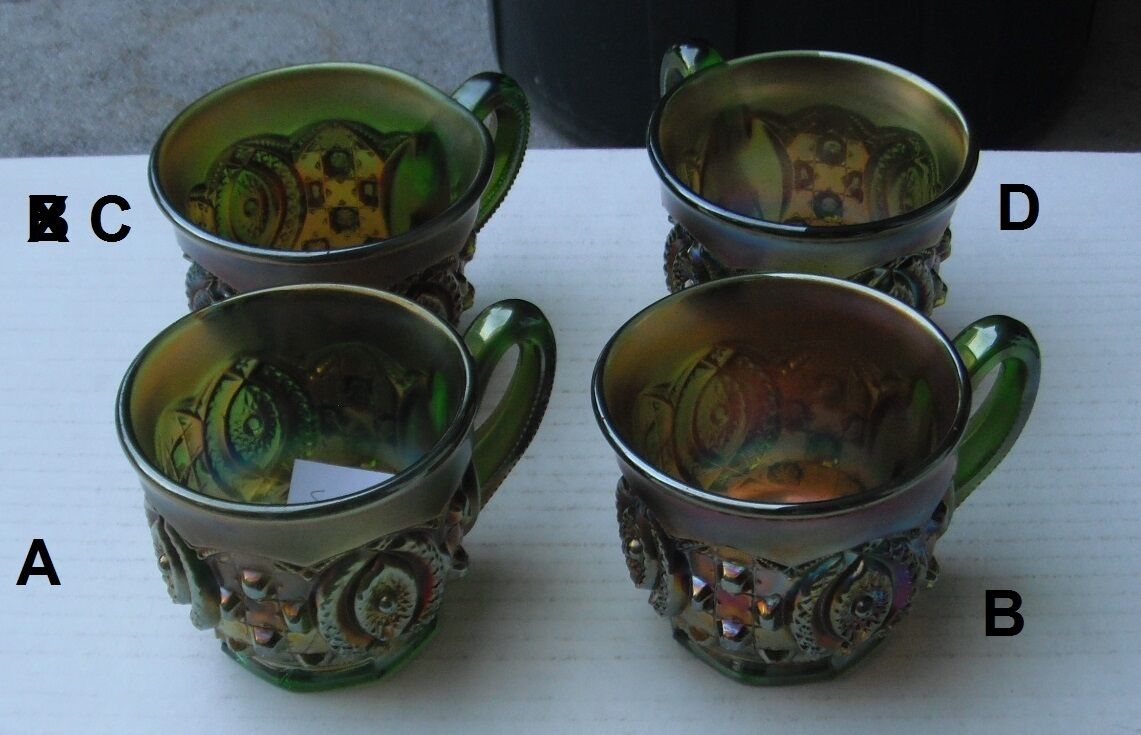Memphis Punch Cups--Green...4 pieces--ha...vintage Northwood carnival glass