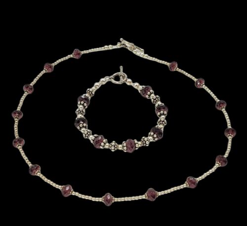 Artisan Sterling Silver Purple Faceted Glass Bead Toggle Necklace Bracelet Set