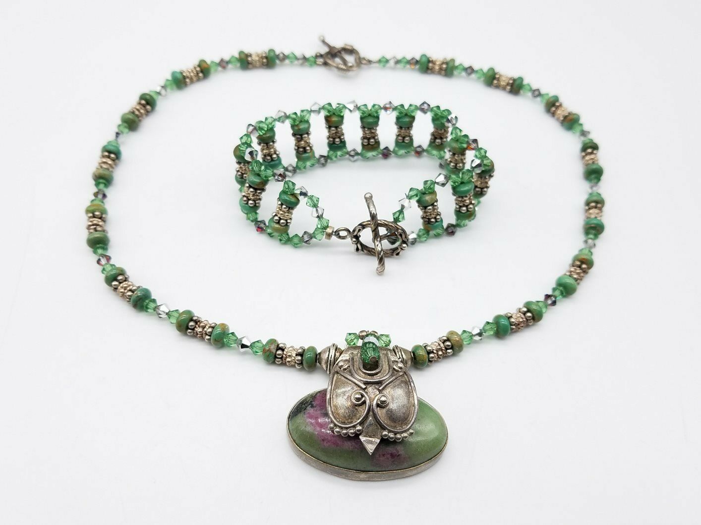 Handcrafted 925 800 Silver Ruby Zoisite Turquoise Necklace & Bracelet Set JM30