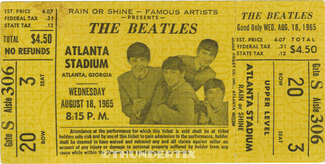 1  Beatles Unused Full Concert Ticket 1965 Atlanta, Ga Yellow Laminated Reprint