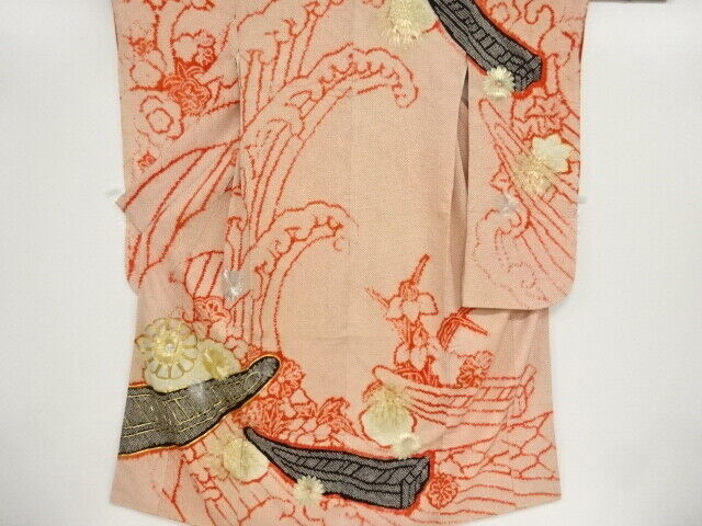 77123# Japanese Kimono / Antique Furisode / Embroidery / All Shibori / Kiku &amp