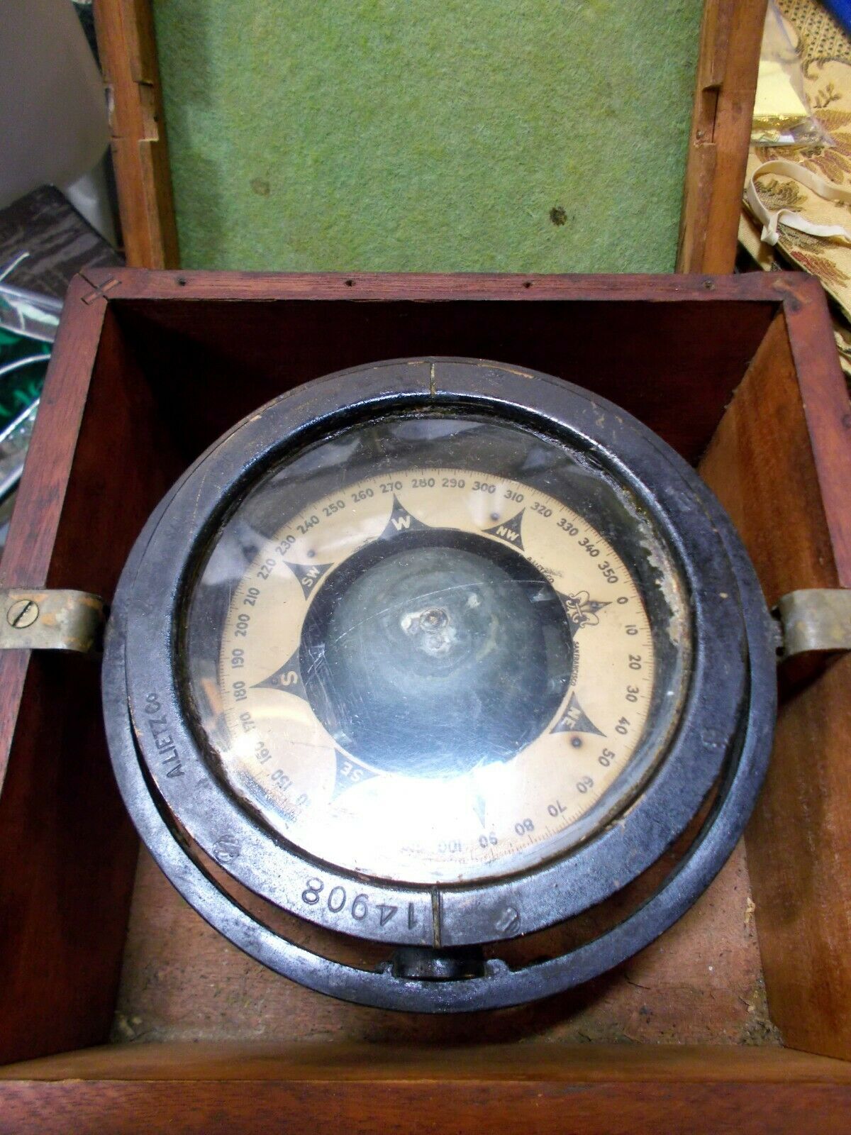 Rare 19th Century Lietz Wooden Boxed Cast Ship's Gimballed Compass