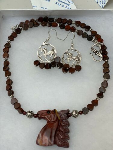 Brecciated Hand Carved Red Jasper Horse Necklace With Horse Earring Set