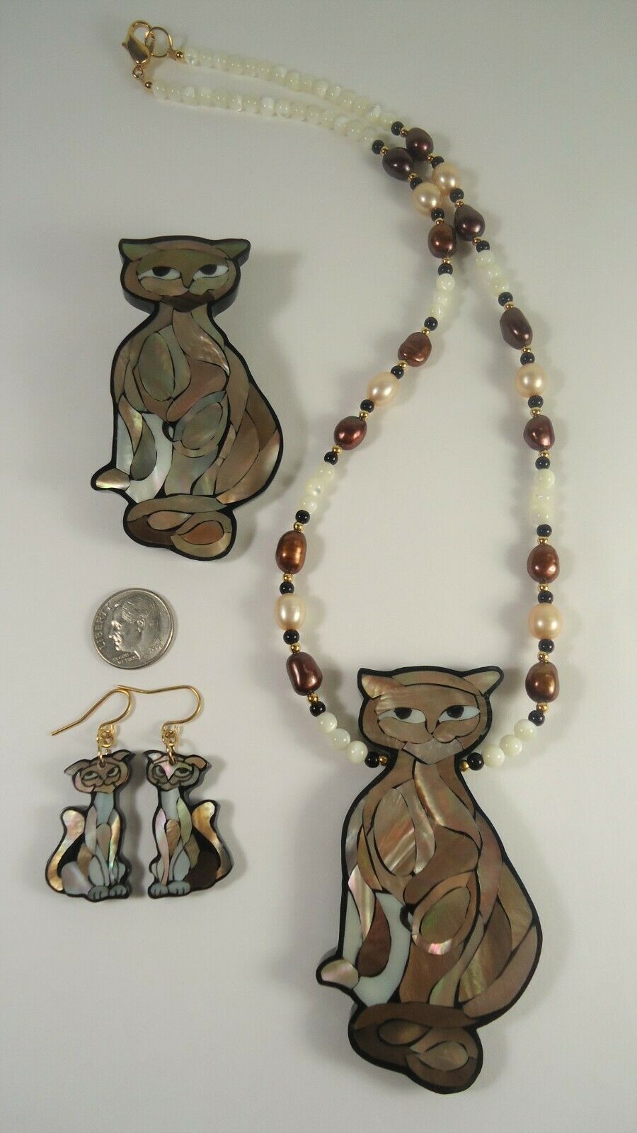 Lee Sands Poised Cat Necklace Brooch & Earring Set Made In Hawaii