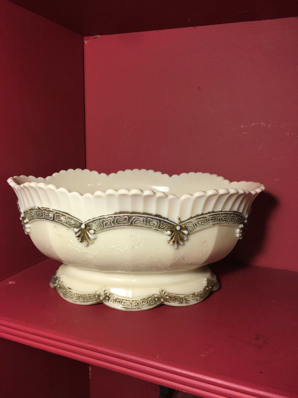 Antique Custard Glass Fruit Bowl Embellished With Gold Trim