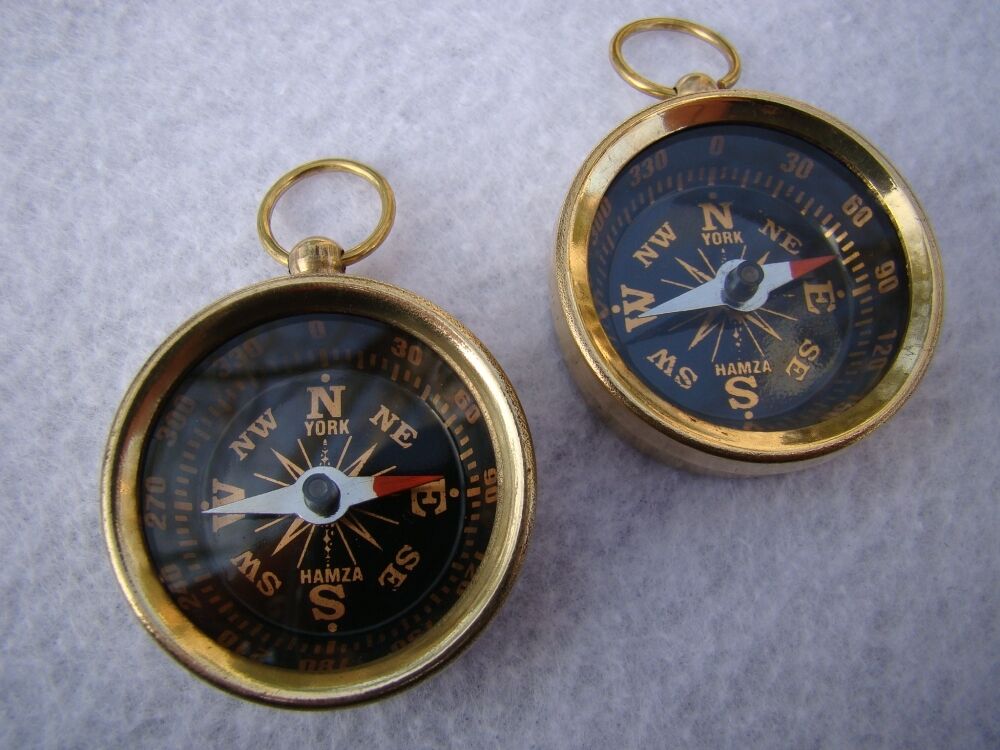 2 x Brass Compass - Small Mini Pocket Antique Style - Miniature Necklace Pendant
