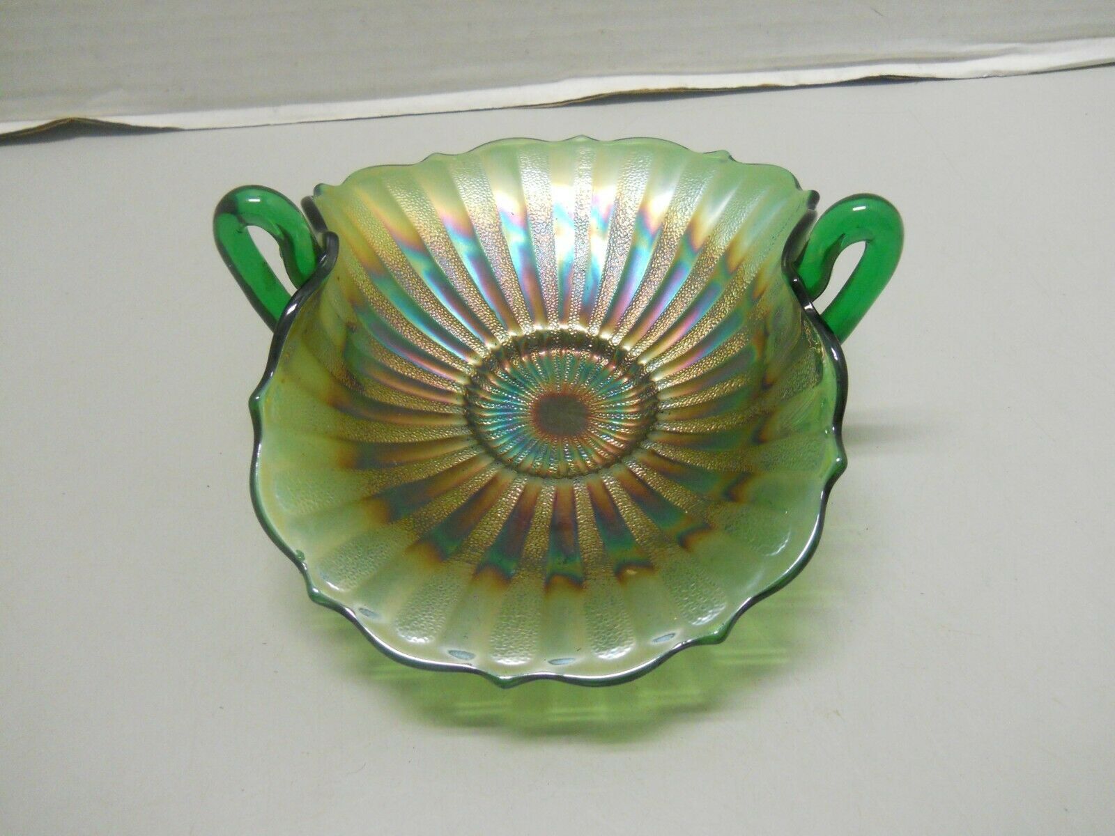 Northwood Iridized Green Folded Handle Trinket Dish Candy Bowl Glass Bon Bon