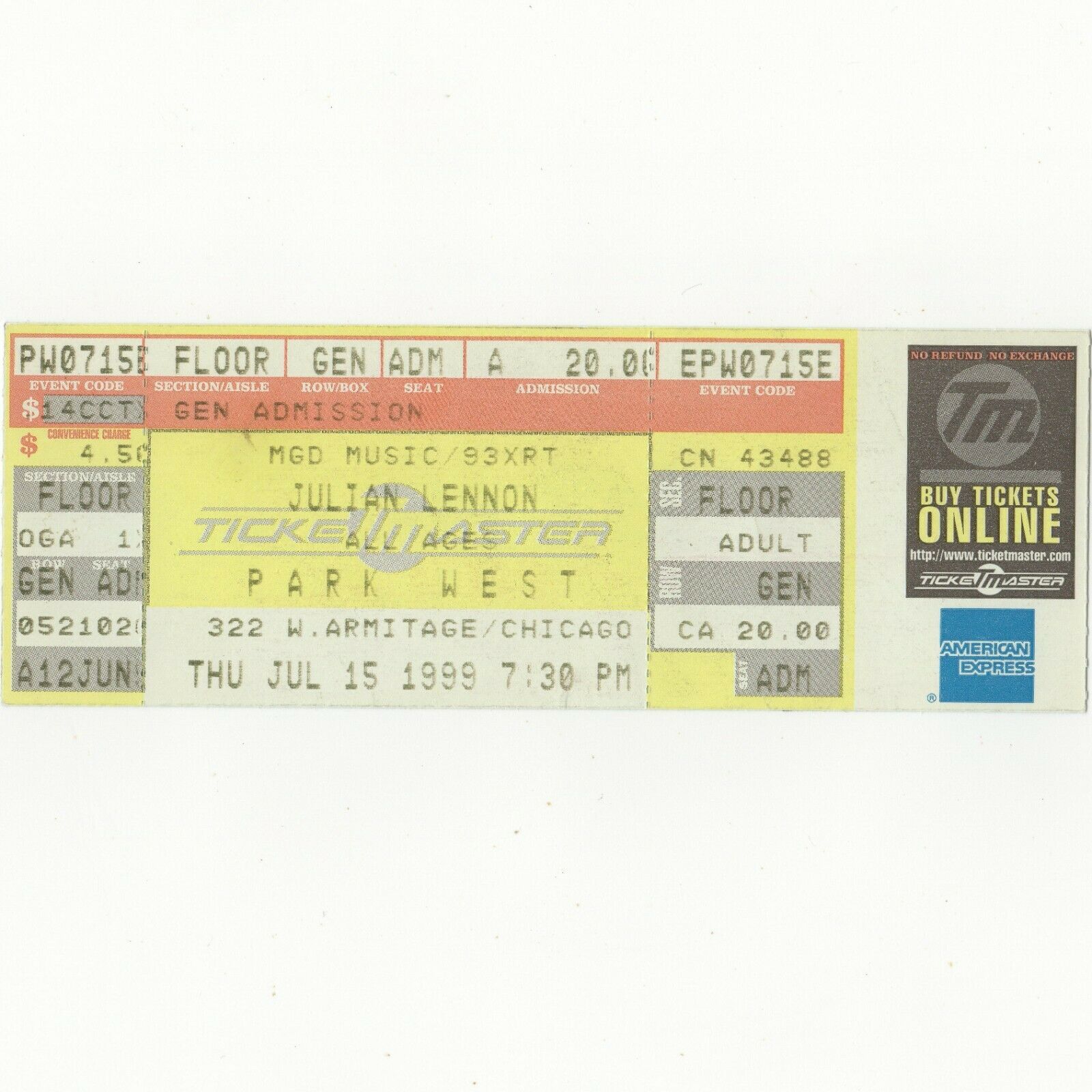 JULIAN LENNON Full Concert Ticket Stub CHICAGO IL 7/15/99 PARK WEST THE BEATLES