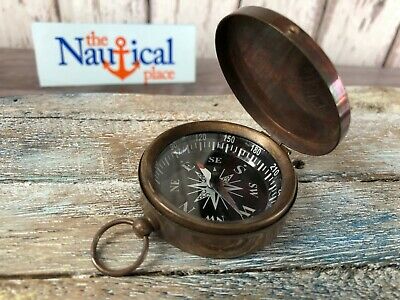Antique Finish Brass Compass With Lid -Old Vintage Pocket Style -Nautical Marine